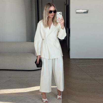 Elegant Women's Lace Up Shirt Pant Sets 2026 Summer V-neck Long Sleeve Top High Waist Loose Wide Leg Pant Two Piece Set Women