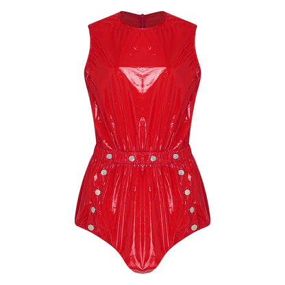 Womens Glossy Waterproof Diaper Cover Sling Bodysuit Waistband Drawstring Legs One-piece Cami Rompers Adaptive Short Jumpsuit