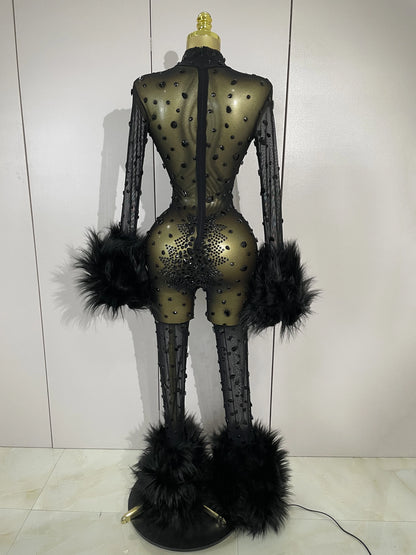 STOCK Luxury Diamond Black Mesh Transparent Stretchy Long Sleeve Jumpsuit Women Sexy Performance Singer Costume Nightclub Outfit