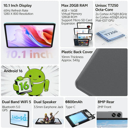 SVITOO Tablet For Kids 2026 Android 16 10.1 Inch Unisoc T7250 Octa-Core Processor 4GB Physical RAM + 16GB Virtual RAM 128GB ROM 1TB Expandable 6600mAh Battery Dual Band 2.4GHz 5GHz WiFi 5 Bluetooth 5.0 GPS Widevine L1 With Ca