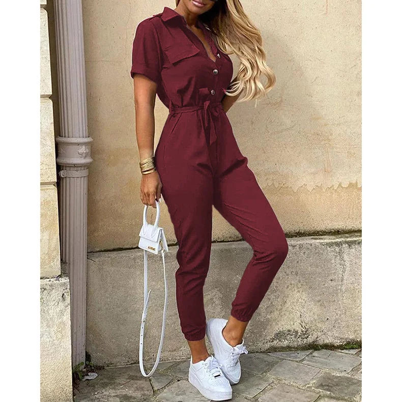 2025 New Women's Jumpsuit Casual Workwear Summer Romper with Print Button-up Lapel Waist Belt Slim Fit One Piece Pants Set Fashi