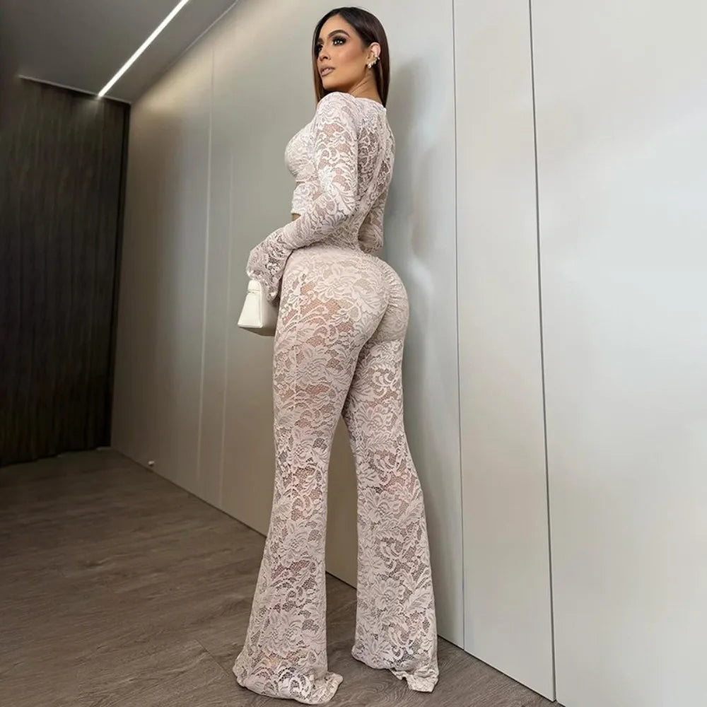 FLARORA Sexy Jacquard Lace Jumpsuits Woman Cutenew Hollow Out Ring Crop Bodycon Jumpsuit Hipster Stretch Midnight Street Overall