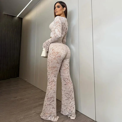 FLARORA Sexy Jacquard Lace Jumpsuits Woman Cutenew Hollow Out Ring Crop Bodycon Jumpsuit Hipster Stretch Midnight Street Overall