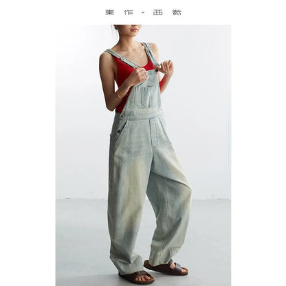 Age-Reducing, Laid-Back Style~ Women's Washed Light Blue Denim Overalls, Versatile Slim-Fit Straight-Leg Jumpsuit