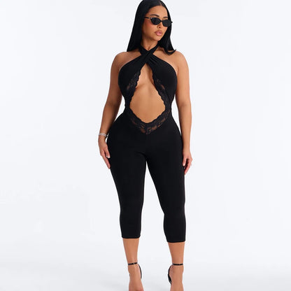 Sexy spicy girl style solid color hollow neck strap seven part jumpsuit