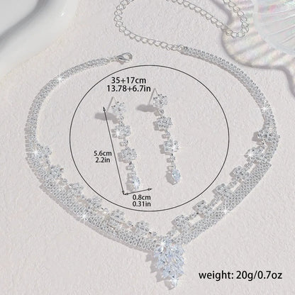Ladies' Fashionable Silver-Plated And Diamond-Encrusted Metal Necklace, Earrings Set, Bride'S Wedding Attire And Accessories