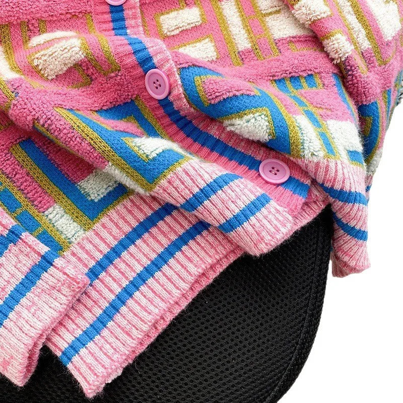 Rainbow V-Neck Knit Sweater Autumn Winter Japanese Retro Color Block Open Cardigan Women's Design Sensation Niche Soft Outerwear