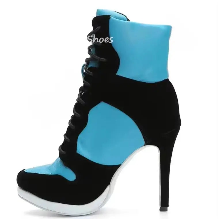 Round Toe Sports Lace Up Women's Short Boots 2026 Thick Sole Mixed Color Stilettos Autumn Winter New Street Style Casual Rock Bo