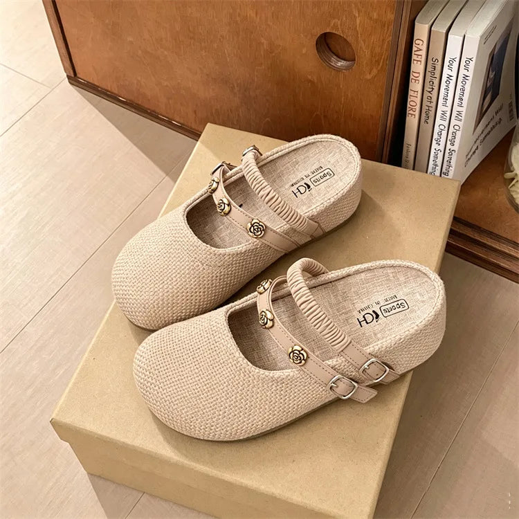 Women's Woven Mary Jane Mules Flat Round Toe Slip-On Shoes with Buckle Straps and Rose Hardware Casual Balletcore Summer Sandals