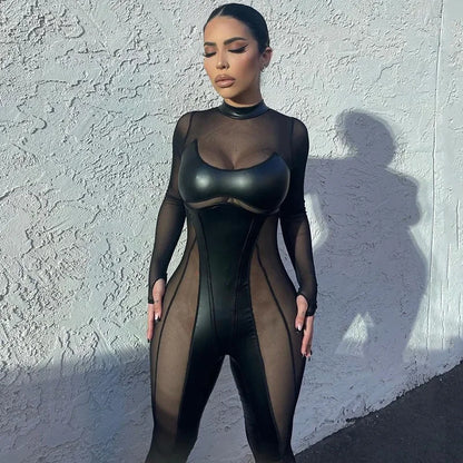 Black Mesh Sheer Bodycon Jumpsuit for Women 2024 Sexy Clubbing Outfits Gothic Punk Black One Piece Techwear C70-EC27