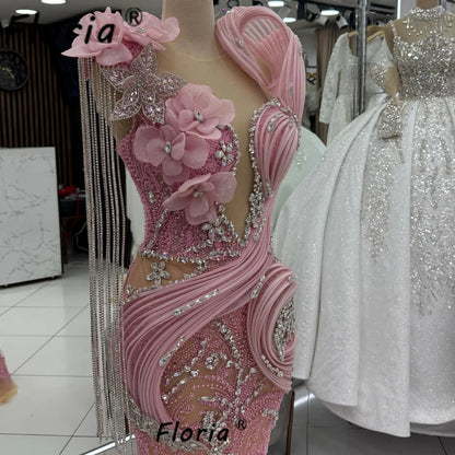 Arabic Pink Mermaid Prom Dress Silver Beads Crystal Sparkly Tassel Party Birthday Dresses Elegantes Customized Formal Gowns 2025