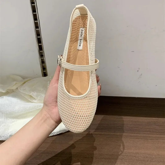 Mesh Ballet Flats Fishnet Luxury Brands Hollow Sandals Women Flats Shallow New Beach Retro Female Comfortable Shoes Breathable