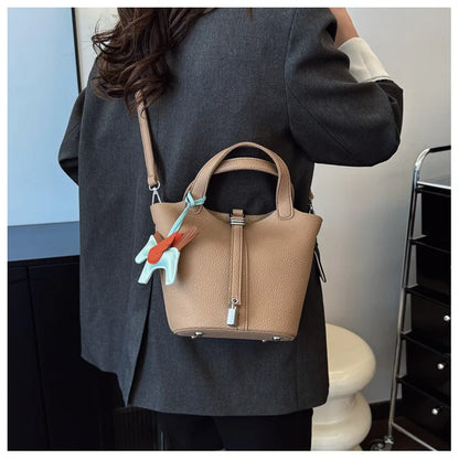 Fashion Vegetable Basket Bucket Bag Women's Autumn New Lychee Pattern Shoulder Bag Simple Solid Color Niche Messenger Bag