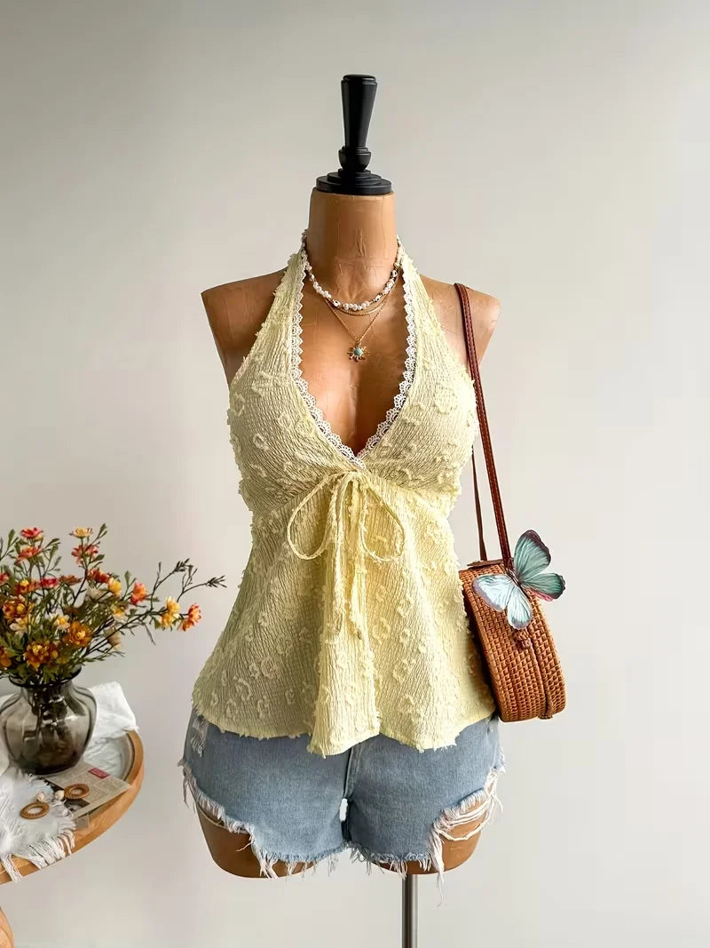 Women's Summer V-Neck Lace Up Exposed Neck and Backless Casual Vacation Topboho Easter Beach Clothing Hawaii Coachella Music Fes