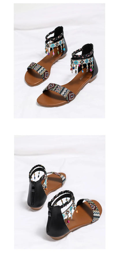 High quality leather flat sandals for women 2.5cm low heel vintage print new summer 2026 36 42 open toe casual shoe black brown