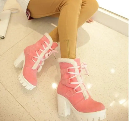 Winter Warm Girls Boots Fashion Lace Up Platform High Heels Women Ankle Boots Cosplay Casaul Party Fur Warm Women Boots Shoes 43
