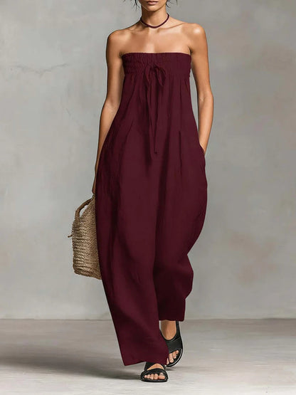 Women Strapless Wide Leg Jumpsuit Casual Cotton Linen Tube Top Romper Summer Beach Long Pants with Pockets Vacation Overalls