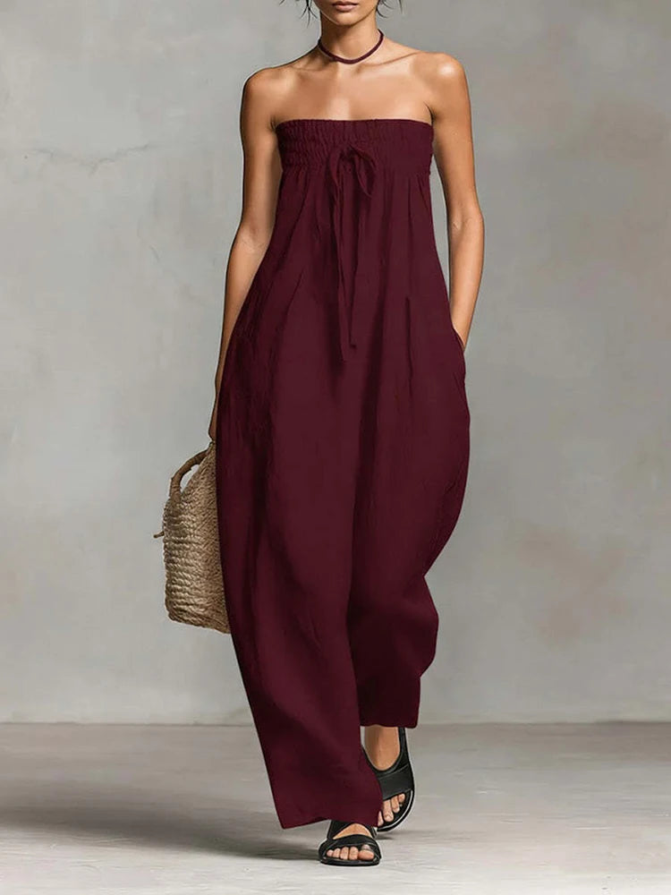 Women Strapless Wide Leg Jumpsuit Casual Cotton Linen Tube Top Romper Summer Beach Long Pants with Pockets Vacation Overalls