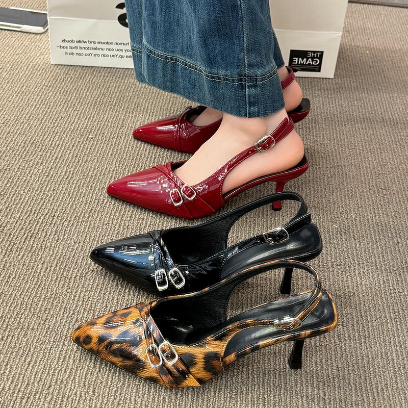 Women's Sandals Leopard Sexy High Heels Shoes Pointed Toe Luxury Pumps Slippers Woman Brand Dress Buckle Ladies De Flip Flops