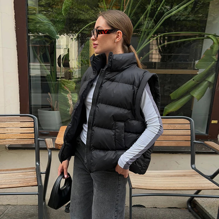 Detachable Sleeve Hooded Quilted Jackets 2026 Winter Ladies Solid 2-in-1 Zippers Waistcoat Cotton Coats Women's Warm Outwear