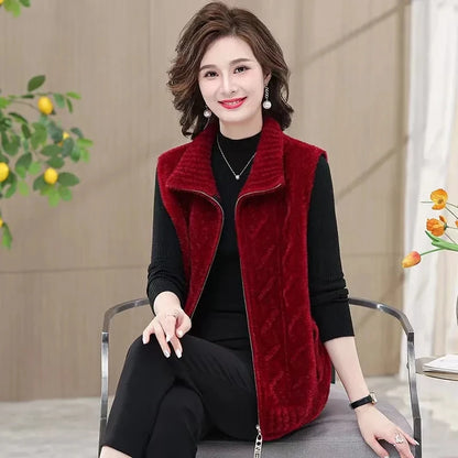 2025 Autumn Winter Zipper Middle Aged Mother Women's Mink Fur Vest Coat Fashion Sleeveless Doll Collar Lady Waistcoat Jacket