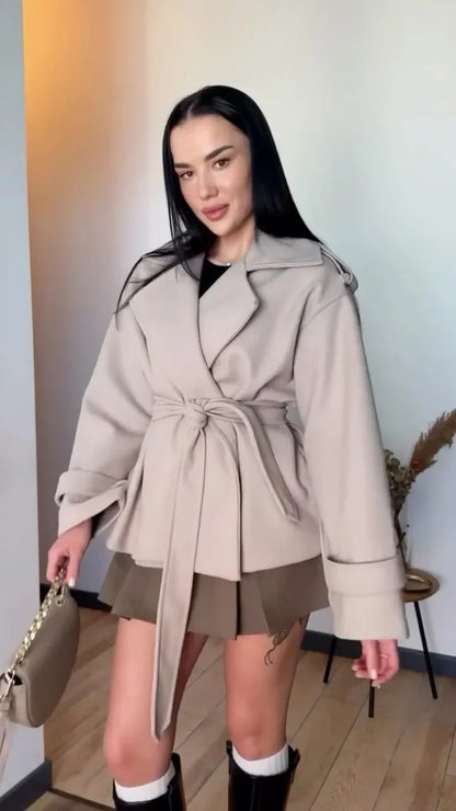 Women Short Wool Blend Trench Coat Lapel Collar Belted Waist Wrap Long Sleeve Loose Overcoat Casual Autumn Winter Lady Jackets