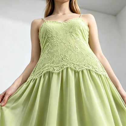 Women's Lace Spliced Dress Sage Green Floral Embroidery Spaghetti Strap Flowy Long Dress Elegant Bohemian Summer Party Dress
