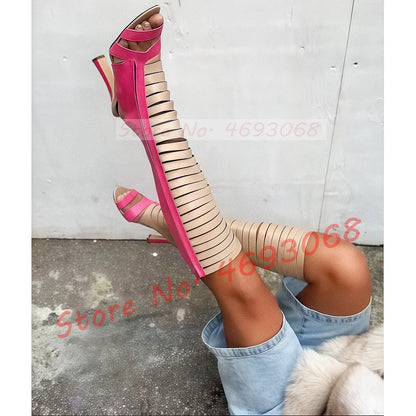 Pink Strappy Open Toe Knee High Boots Women Sexy Nude Splicing Leather Cutout Boots Outfit Novelty Mixed Color High Heels Shoes
