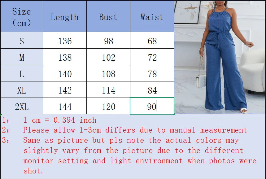 Women's Blue Denim Look Jumpsuit Spaghetti Straps Waist Tie Ideal for Casual Outings Summer Vacations Effortless Chic Styles