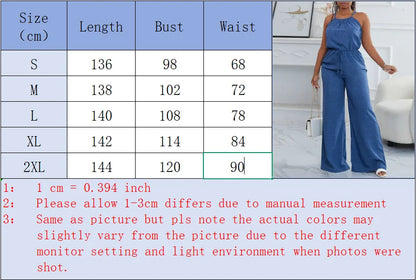 Women's Blue Denim Look Jumpsuit Spaghetti Straps Waist Tie Ideal for Casual Outings Summer Vacations Effortless Chic Styles