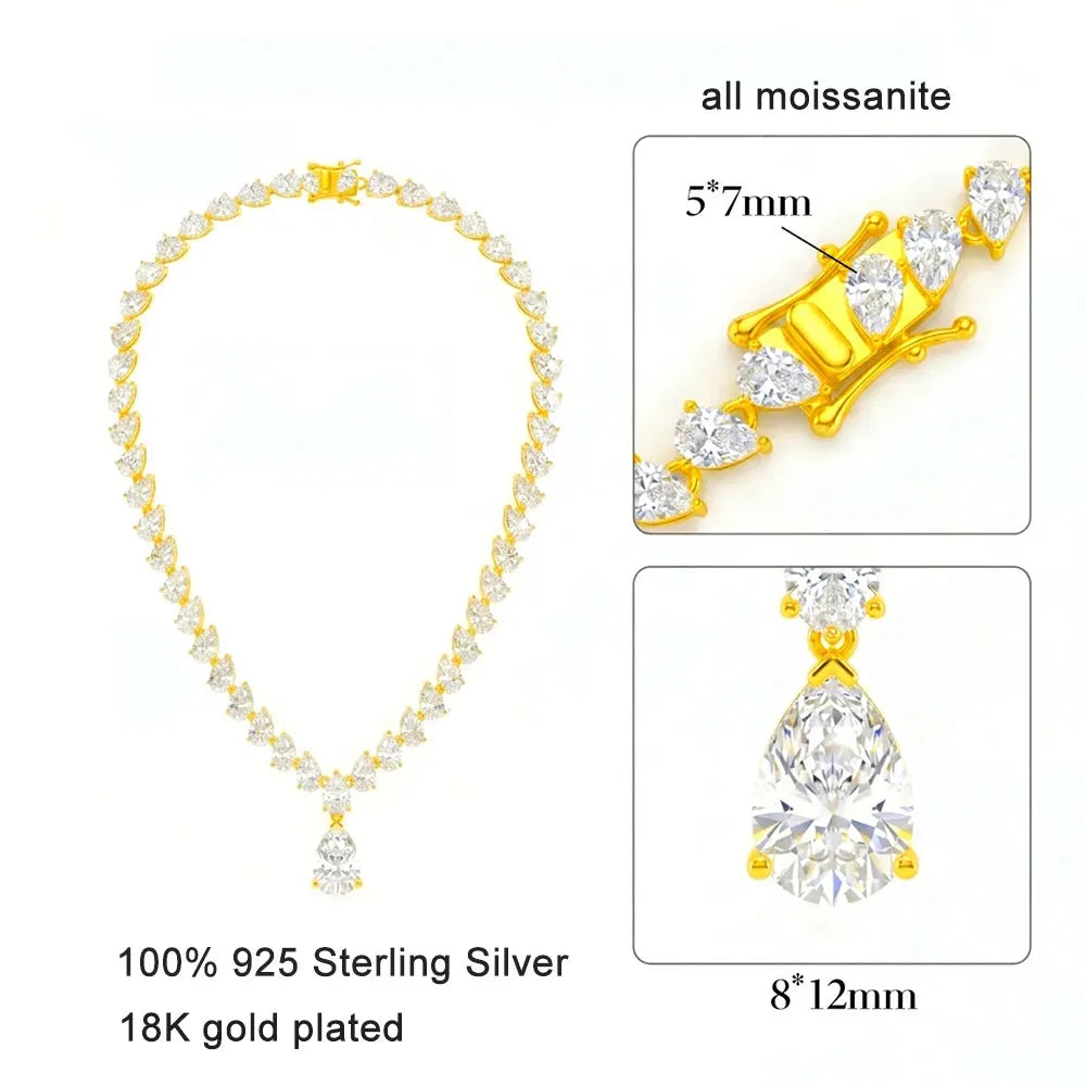 KNOBSPIN Pear Cut Moissanite Tennis Necklaces for Women Lab Diamond s925 Sterling Silver plated 18k Wedding Moissanite Necklace