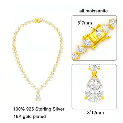 KNOBSPIN Pear Cut Moissanite Tennis Necklaces for Women Lab Diamond s925 Sterling Silver plated 18k Wedding Moissanite Necklace