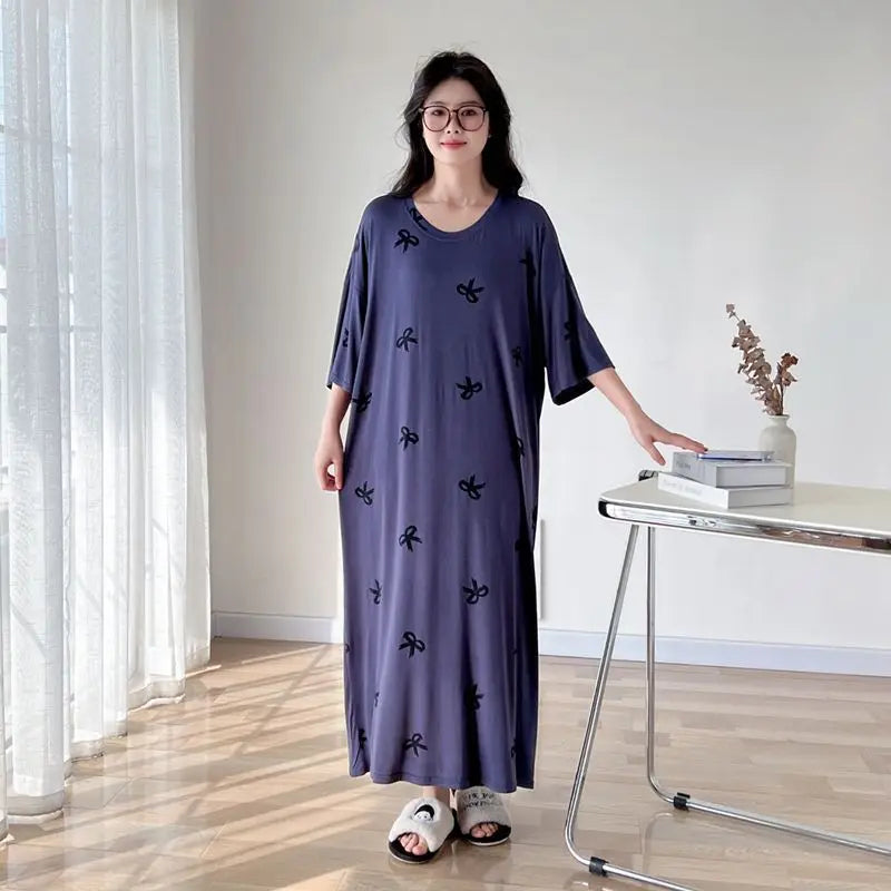 150kg Plus Size Summer Lazy Short Sleeve Long  T-Shirt Dress Korean Oversized Loose Nightgown Maternity Sleepwear Home Clothes