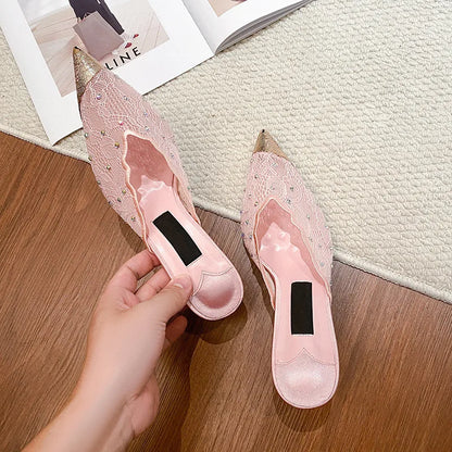 Luxury Rhinestones Mesh Lace Women Pumps Sandals Summer Elegant Pointed Toe 8cm Thin High Heels Mulse Sides  Fashion Party Shoes