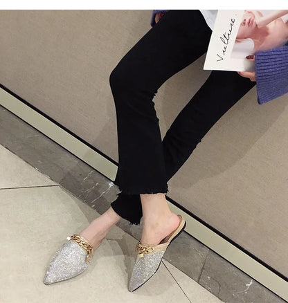 2025 New Summer Shoes for Women Luxury Slipper Girl Bling Crystal Chain Casual Flat Sandals Girl Pointed Toe Slides