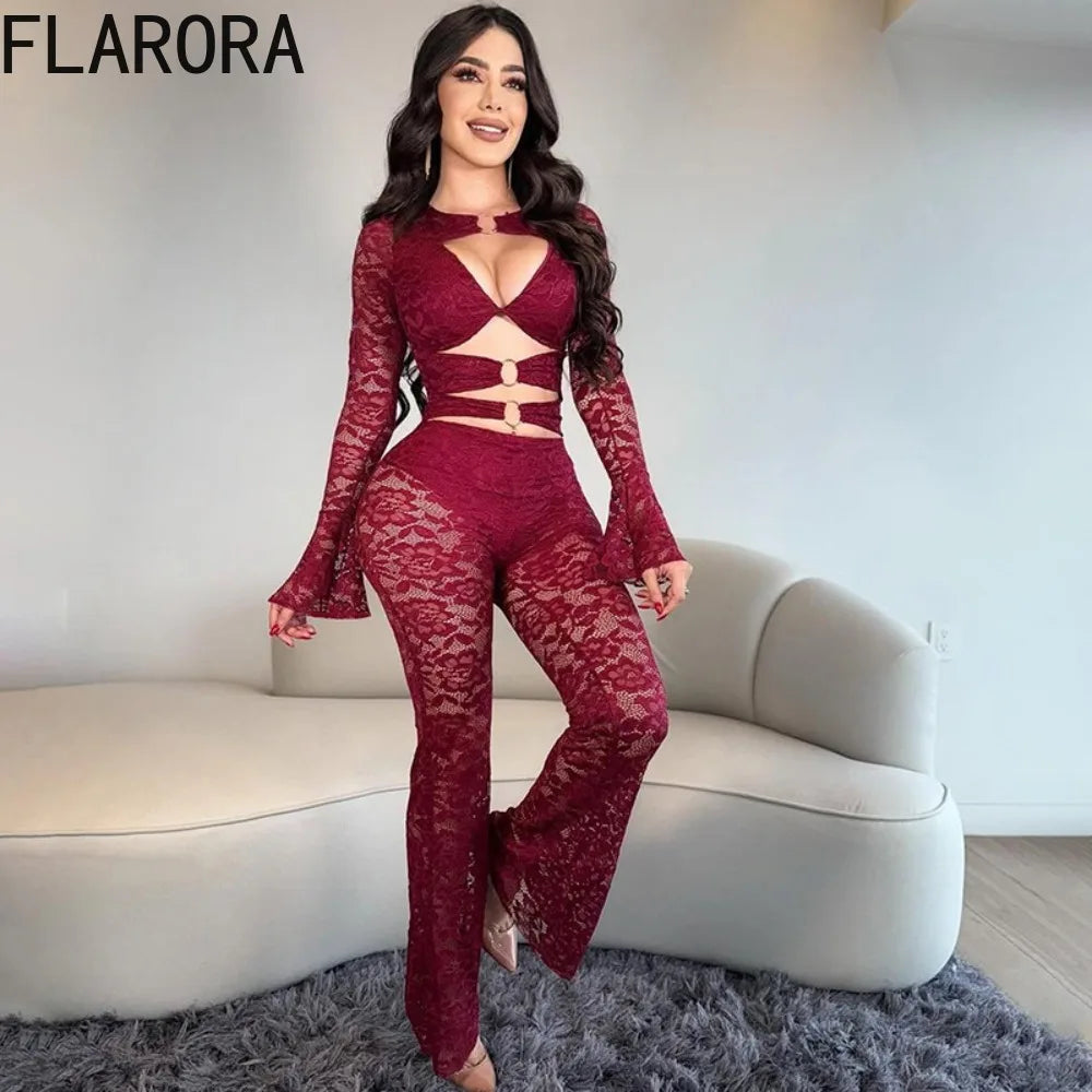 FLARORA Sexy Jacquard Lace Jumpsuits Woman Cutenew Hollow Out Ring Crop Bodycon Jumpsuit Hipster Stretch Midnight Street Overall