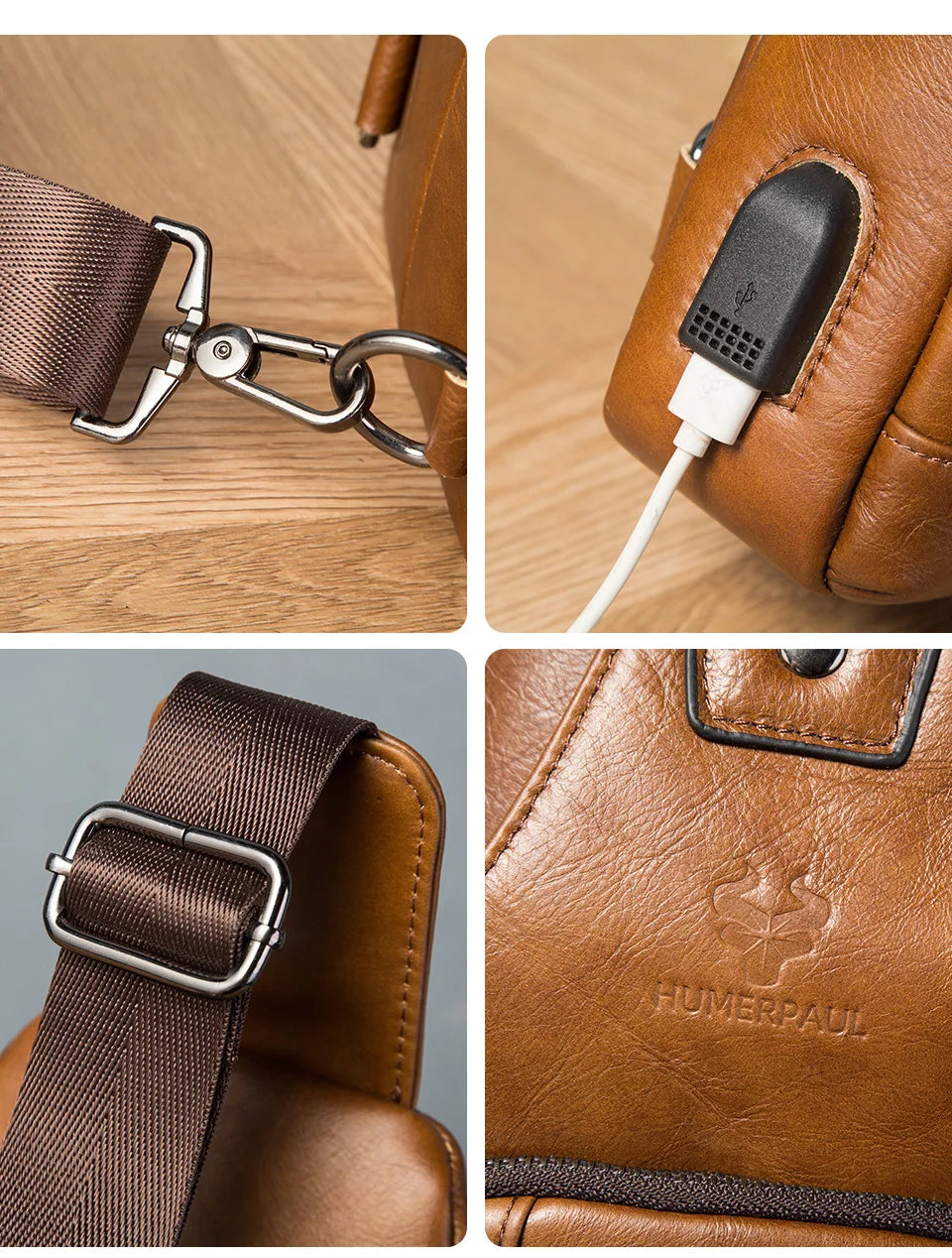 HUMERPAUL Men's Usb Chest Bag 100% Genuine Leather Crossbody Shoulder Bags Multifunction Travel Outdoor Messenger Pack Fashion