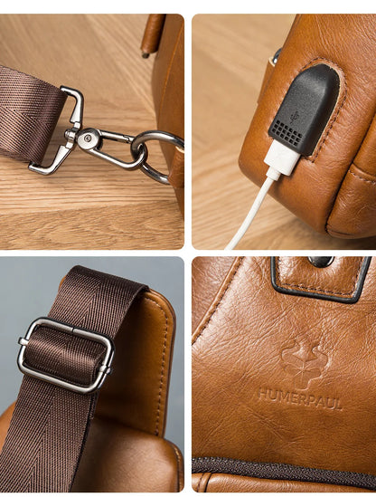 HUMERPAUL Men's Usb Chest Bag 100% Genuine Leather Crossbody Shoulder Bags Multifunction Travel Outdoor Messenger Pack Fashion