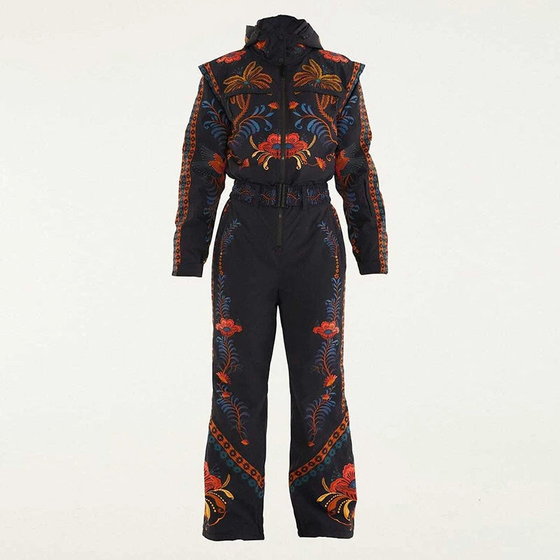 Women Ski Suit Bohemian Floral Print Hooded Zipper Jumpsuit Waterproof Windproof Adjustable Waist Snowboard Snowsuit Outdoor