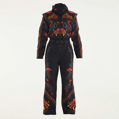 Women Ski Suit Bohemian Floral Print Hooded Zipper Jumpsuit Waterproof Windproof Adjustable Waist Snowboard Snowsuit Outdoor
