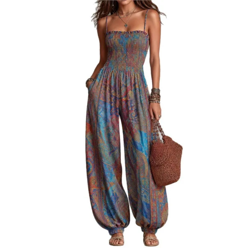 Sexy Sleeveless Backless Jumpsuit Women's 2026 Summer Boho Wide Leg Printed Loose Long Pants Jumpsuits Vacation Party Clothing