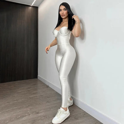 Sexy Strapless Corset Jumpsuit Women Sleeveless Backless Jumpsuits Skinny One Piece Romper Silver Bodysuit Summer Female Clothes