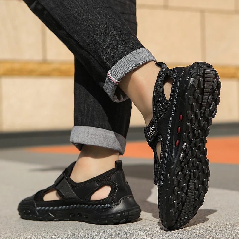 Men Sandals Comfortable Refreshing Mesh Hollow Beach Shoes Summer New Anti Slip Thick Bottom Bag Toe Casual Sandals for Teen