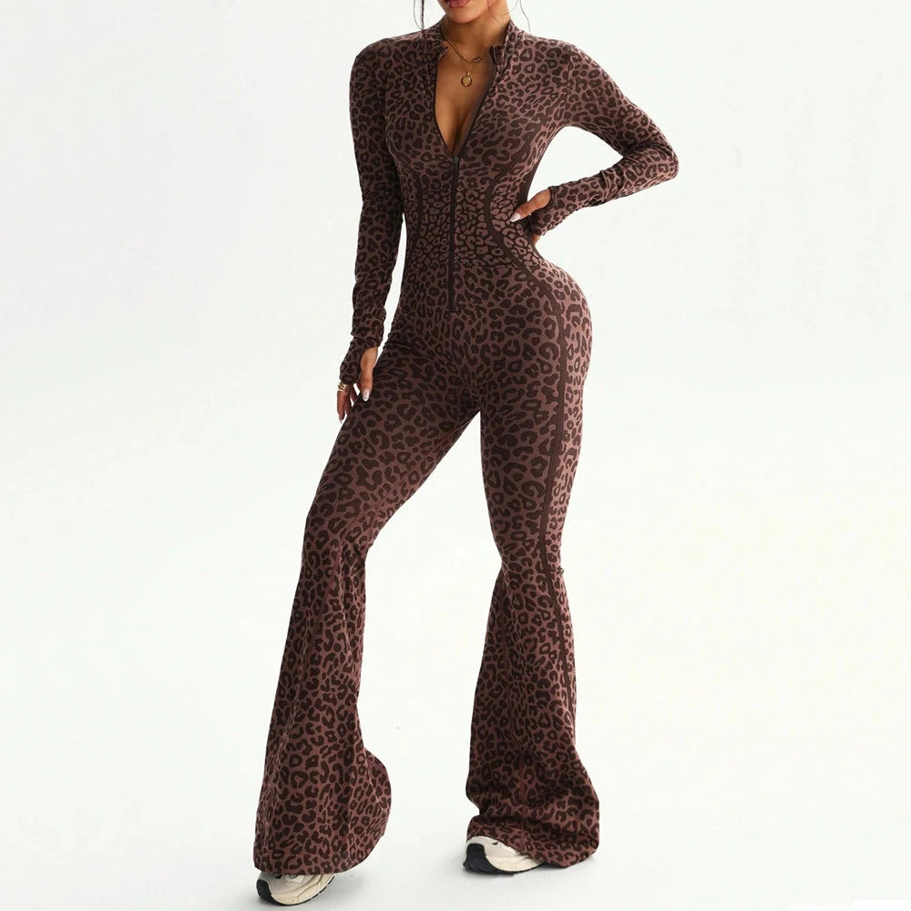 Zipper Women Seamless Jumpsuits Long Sleeve One Piece Yoga Set Leopard Fitness Gym Bodysuits Flare Pants Sports Activewear XP290