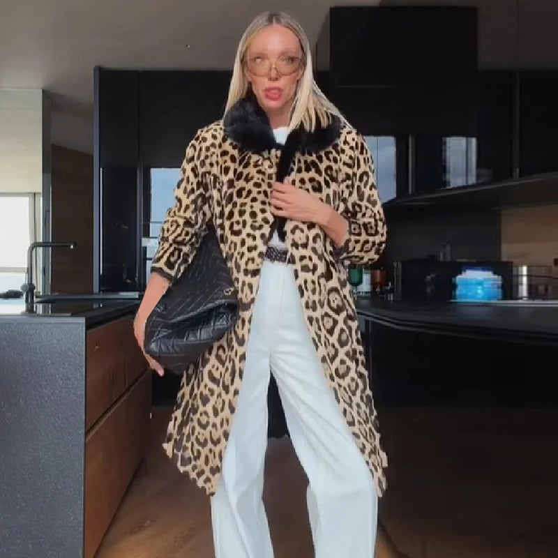 Vintage Leopard Print Coat Women Faux Fur Trim Collar Long Sleeve Loose Mid-length Warm Jacket Club Street Ladies Outerwear