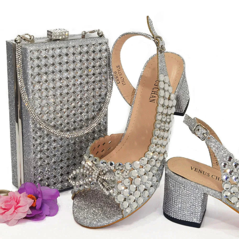 2024 New Italian Design Full Drill Elegant Wine Evening High Heels Wedding Party Shoes Matching Clutch Handbag