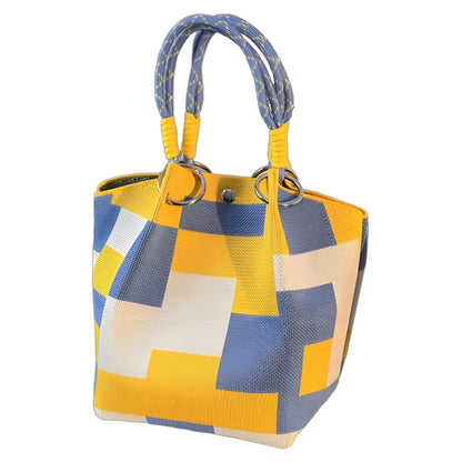 Women's Color Block Knit Tote Bag Bucket Bag Storage Bag with Adjustable Straps & Metal Rings Snap Closure for Casual Travel