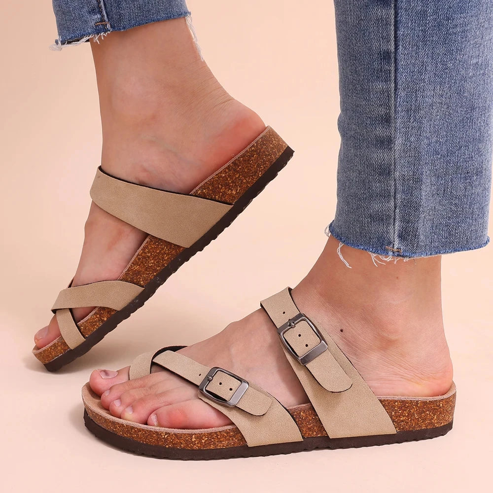 Kidmi New Fashion Women's Sandals Summer Cork Clogs Sandals Classic Women Mules Soft Suede Beach Slides With Adjustable Buckle