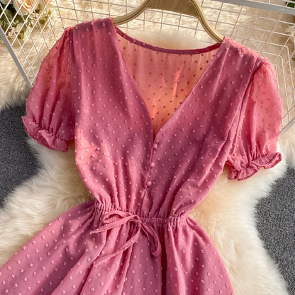 2025 Summer Women Playsuit Polka Dot See Through Thin Beach Rompers Sexy V-neck Short Sleeve Drawstring Sash Slim Waist Overalls