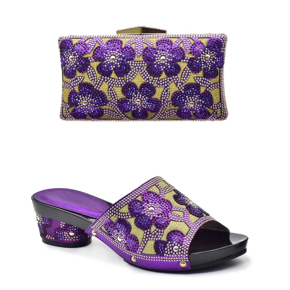New Arrival Green Color Nigerian Shoes and Matching Bags Set Italian Ladies Shoes and Bags To Match Set Decorated with Rhinstone